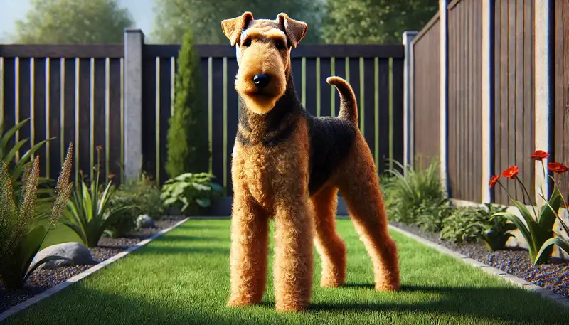 Charakter des Airedale Terriers - "Ein Airedale Terrier steht selbstbewusst in einem gepflegten Garten. Der Hund hat ein drahtiges, tan und schwarzes Fell und zeigt einen wachsamen, intelligenten Blick. Im Hintergrund sind grünes Gras, einige Gartenpflanzen und ein hoher Holzzaun zu sehen, was die Vorliebe dieser Hunderasse für eine sichere und strukturierte Umgebung unterstreicht."